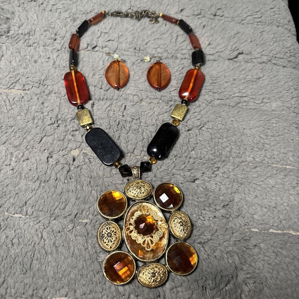 Vintage Amber Beaded Necklace And Earrings